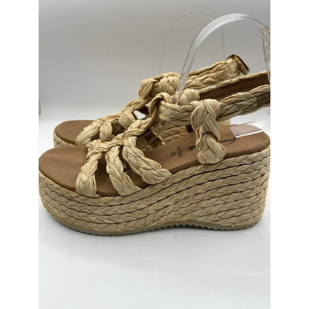 Free People Platform Sandals Beige Raffia Rendevous Braided Weave Shoes Size 10